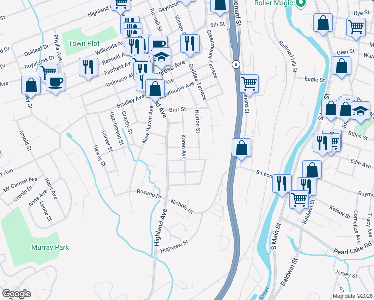 map of restaurants, bars, coffee shops, grocery stores, and more near 60 Macnamara Street in Waterbury