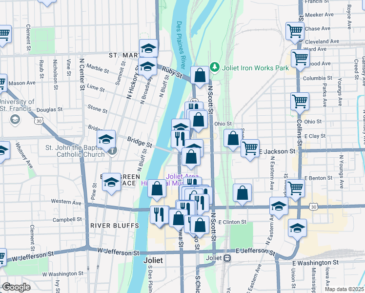 map of restaurants, bars, coffee shops, grocery stores, and more near 51 West Jackson Street in Joliet