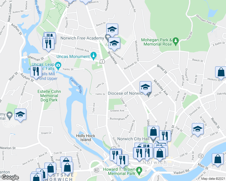 map of restaurants, bars, coffee shops, grocery stores, and more near 151 Washington Street in Norwich