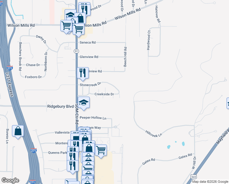 map of restaurants, bars, coffee shops, grocery stores, and more near 439 Creekside Drive in Mayfield Heights