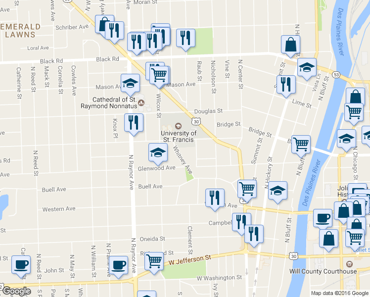 map of restaurants, bars, coffee shops, grocery stores, and more near 418 Whitney Avenue in Joliet