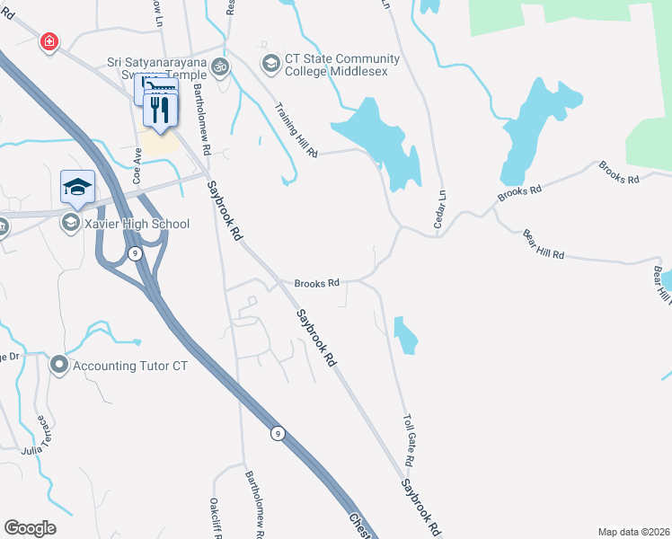 map of restaurants, bars, coffee shops, grocery stores, and more near 108 Brooks Road in Middletown