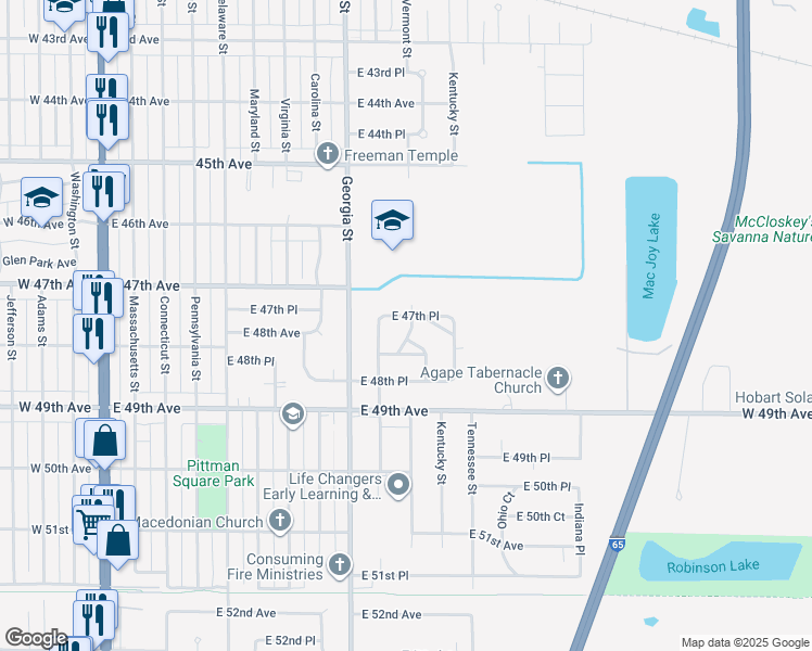 map of restaurants, bars, coffee shops, grocery stores, and more near 4750 Vermont Street in Gary