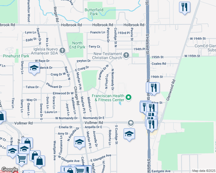 map of restaurants, bars, coffee shops, grocery stores, and more near 131 North Floyd Lane in Chicago Heights