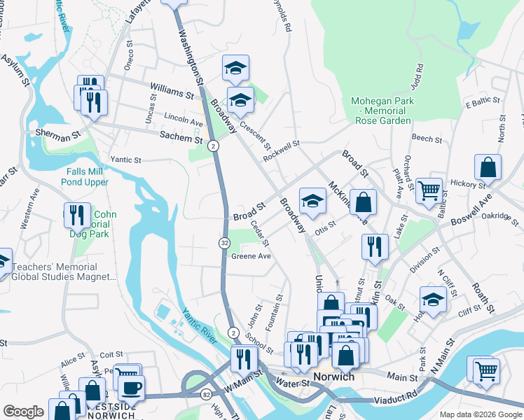 map of restaurants, bars, coffee shops, grocery stores, and more near 18 Broad Street in Norwich