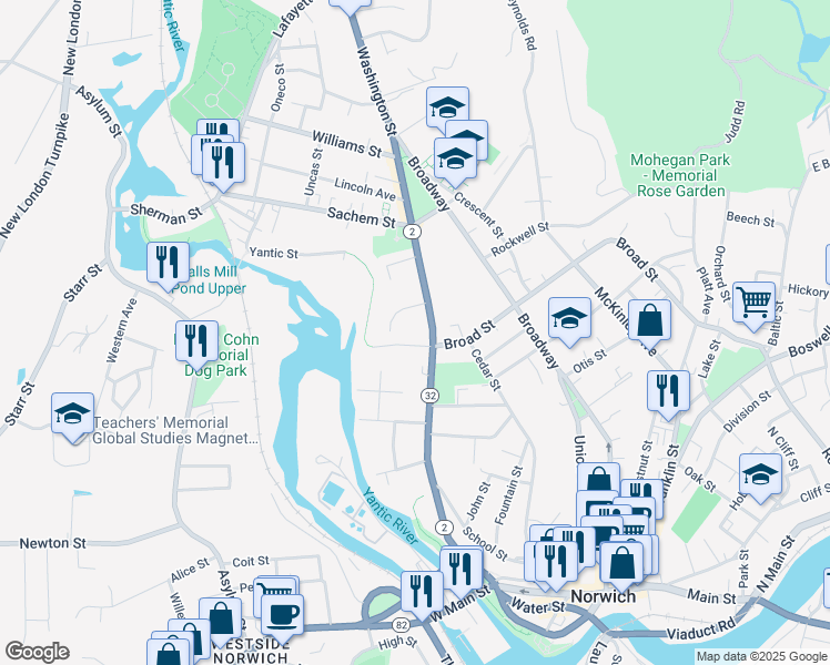 map of restaurants, bars, coffee shops, grocery stores, and more near 151 Washington Street in Norwich