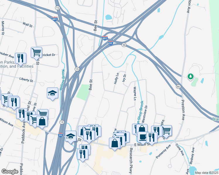 map of restaurants, bars, coffee shops, grocery stores, and more near 75 Holiday Hill Road in Meriden