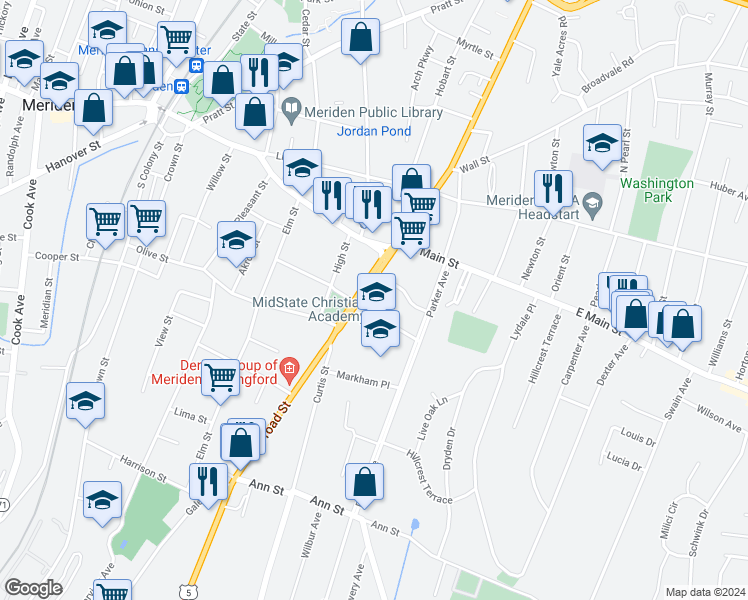 map of restaurants, bars, coffee shops, grocery stores, and more near 435 U.S. 5 in Meriden