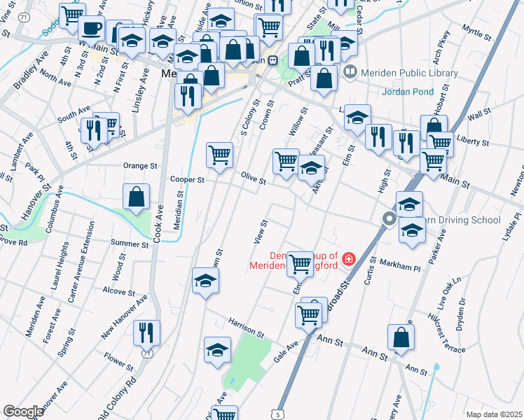 map of restaurants, bars, coffee shops, grocery stores, and more near 43 Grant Street in Meriden