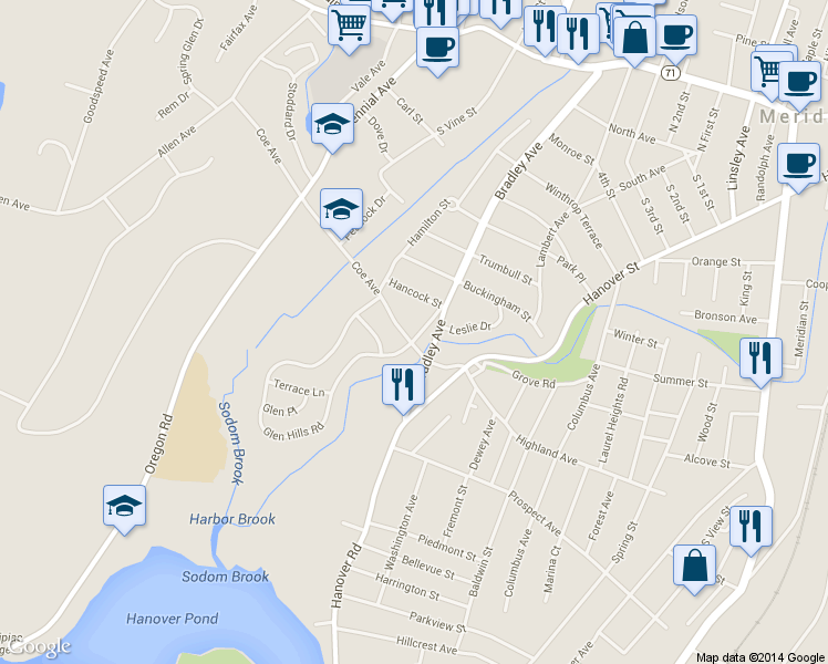 map of restaurants, bars, coffee shops, grocery stores, and more near 349 Bradley Avenue in Meriden