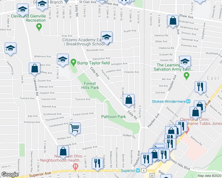 map of restaurants, bars, coffee shops, grocery stores, and more near 942 Paxton Road in Cleveland