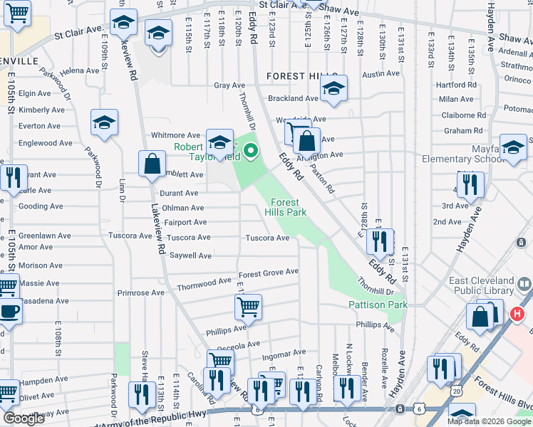 map of restaurants, bars, coffee shops, grocery stores, and more near 939 Parkway Road in Cleveland