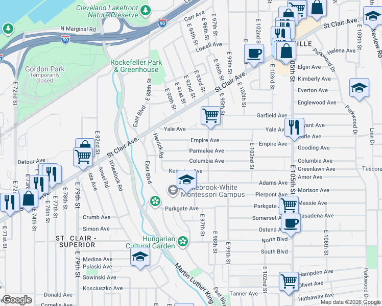 map of restaurants, bars, coffee shops, grocery stores, and more near 9114 Parmelee Avenue in Cleveland