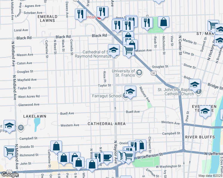 map of restaurants, bars, coffee shops, grocery stores, and more near 420 North Raynor Avenue in Joliet