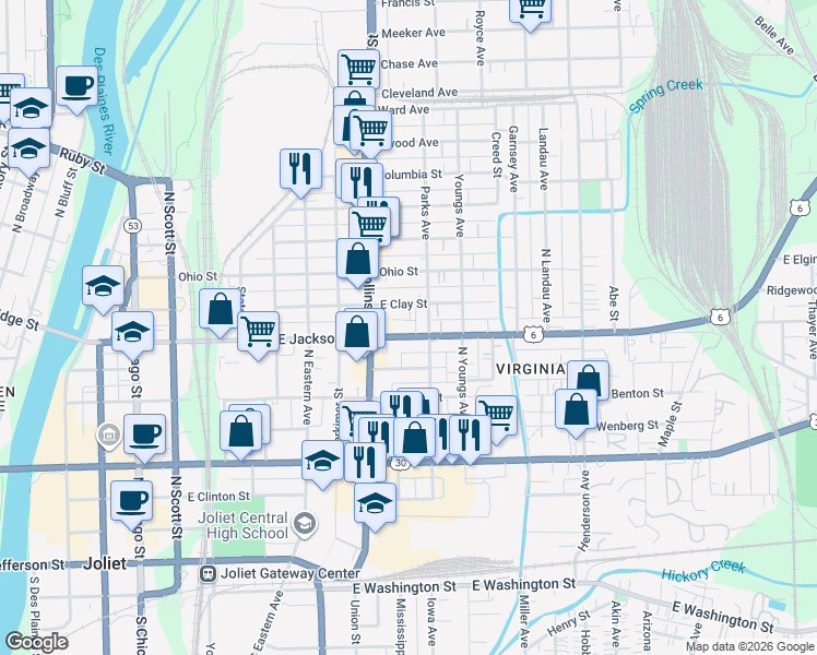 map of restaurants, bars, coffee shops, grocery stores, and more near 423 East Jackson Street in Joliet