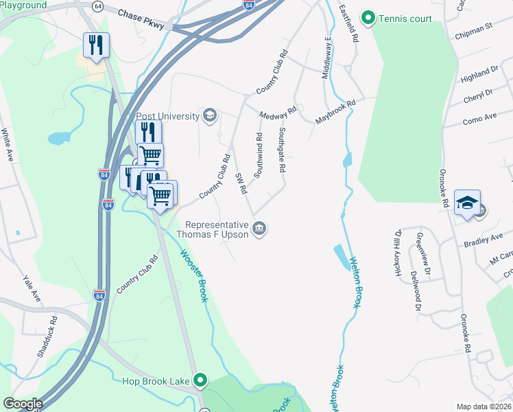 map of restaurants, bars, coffee shops, grocery stores, and more near 17 Campfield Road in Waterbury