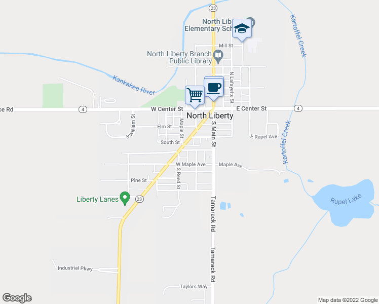 map of restaurants, bars, coffee shops, grocery stores, and more near 103 West Wabash Avenue in North Liberty