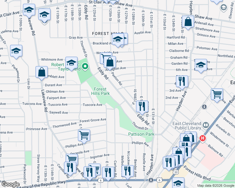 map of restaurants, bars, coffee shops, grocery stores, and more near 934 Eddy Road in Cleveland
