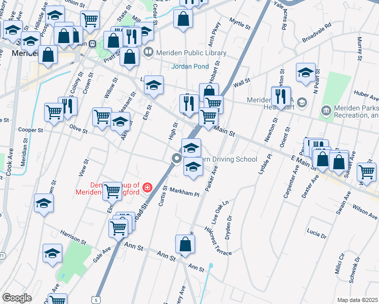 map of restaurants, bars, coffee shops, grocery stores, and more near 435 U.S. 5 in Meriden