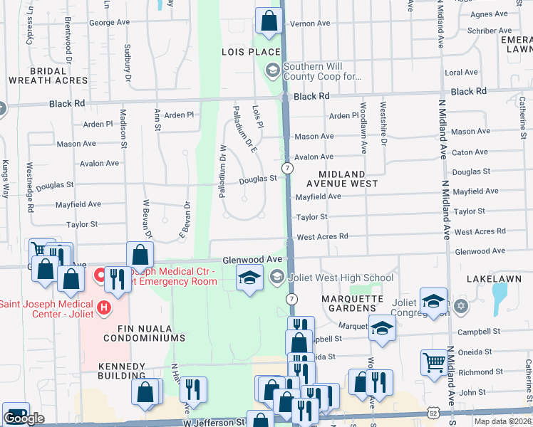 map of restaurants, bars, coffee shops, grocery stores, and more near 715 Palladium Drive West in Joliet