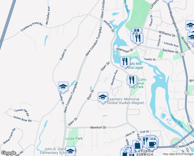 map of restaurants, bars, coffee shops, grocery stores, and more near 73 Starr Street in Norwich