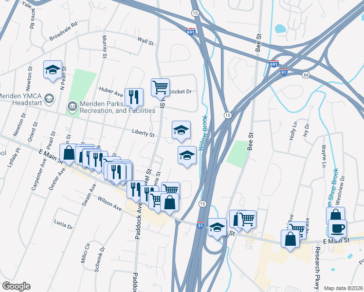 map of restaurants, bars, coffee shops, grocery stores, and more near 121 Gravel Street in Meriden