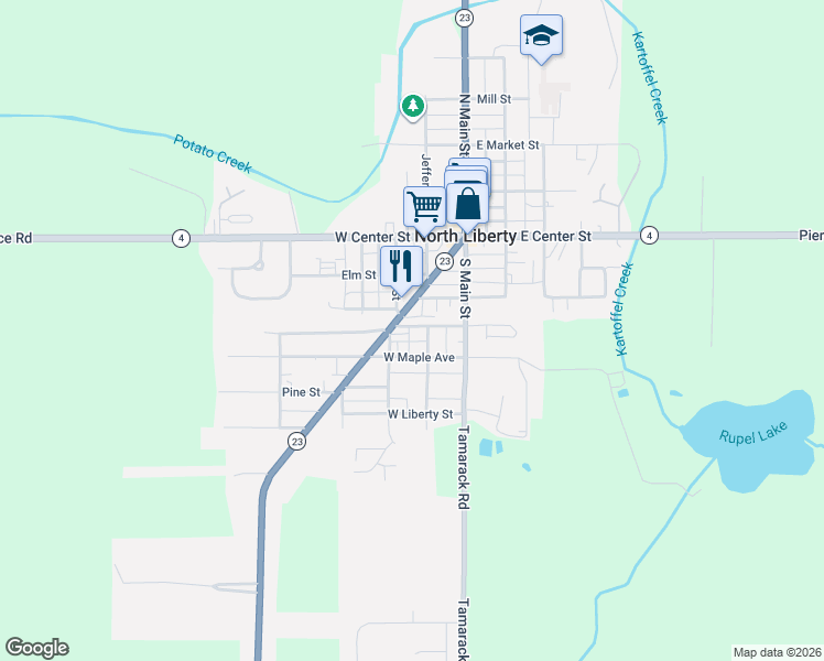map of restaurants, bars, coffee shops, grocery stores, and more near 103 West Wabash Avenue in North Liberty