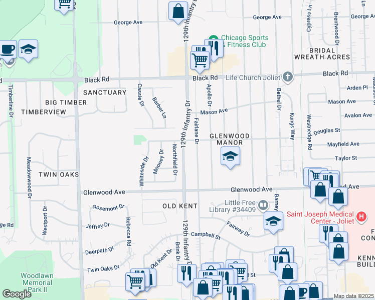 map of restaurants, bars, coffee shops, grocery stores, and more near 506 129th Infantry Drive in Joliet