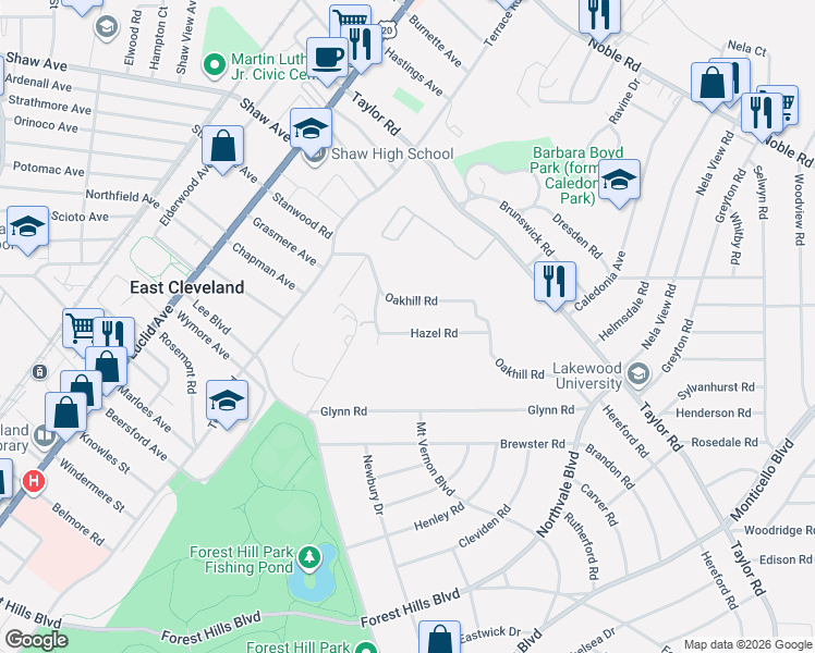 map of restaurants, bars, coffee shops, grocery stores, and more near 15711 Hazel Road in East Cleveland