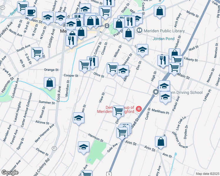 map of restaurants, bars, coffee shops, grocery stores, and more near 19 Geer Avenue in Meriden