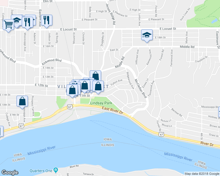 map of restaurants, bars, coffee shops, grocery stores, and more near 2419 Fulton Avenue in Davenport