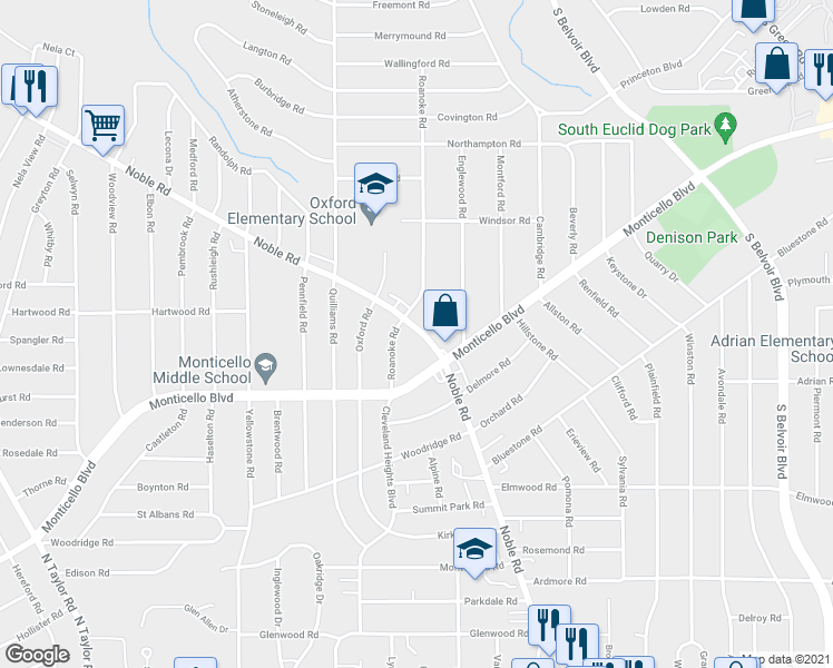 map of restaurants, bars, coffee shops, grocery stores, and more near 2570 Noble Road in Cleveland Heights