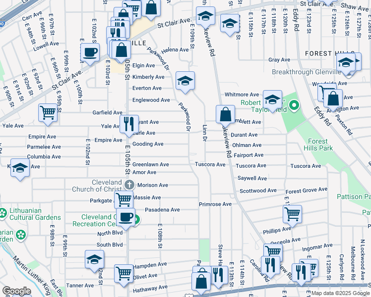 map of restaurants, bars, coffee shops, grocery stores, and more near 950 Parkwood Drive in Cleveland