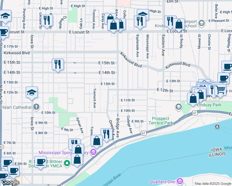 map of restaurants, bars, coffee shops, grocery stores, and more near 1122 Bridge Avenue in Davenport