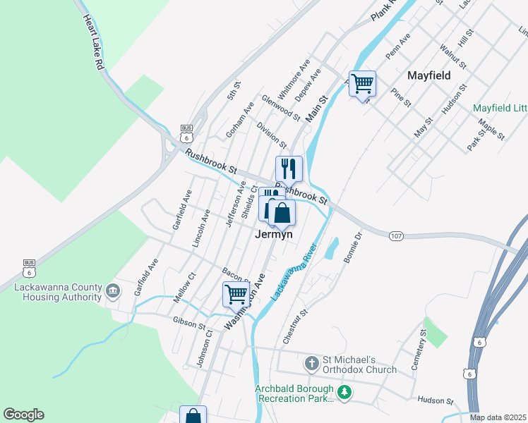 map of restaurants, bars, coffee shops, grocery stores, and more near 620 Madison Avenue in Jermyn