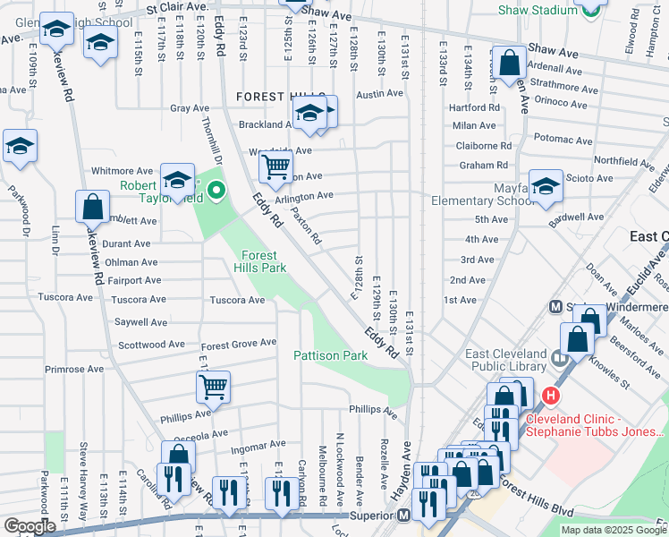 map of restaurants, bars, coffee shops, grocery stores, and more near 946 Paxton Road in Cleveland