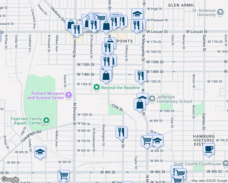 map of restaurants, bars, coffee shops, grocery stores, and more near 1442 W 12th St in Davenport