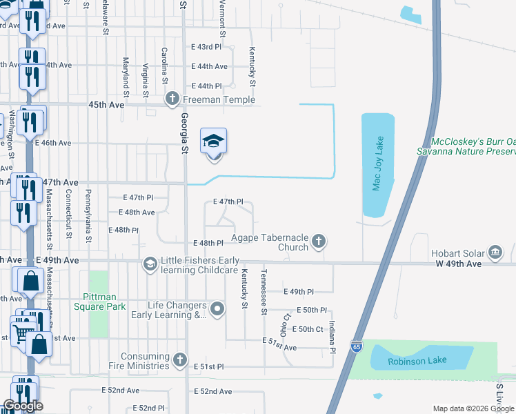 map of restaurants, bars, coffee shops, grocery stores, and more near 4751 Kentucky Street in Gary