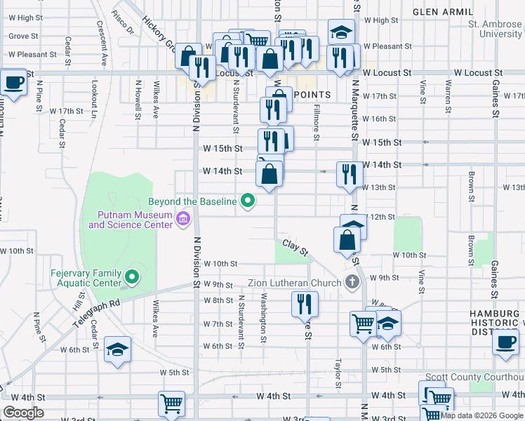 map of restaurants, bars, coffee shops, grocery stores, and more near 1516 West 12th Street in Davenport