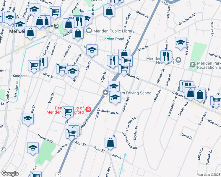 map of restaurants, bars, coffee shops, grocery stores, and more near 435 U.S. 5 in Meriden