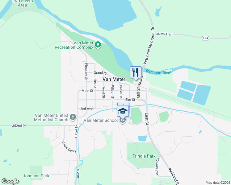 map of restaurants, bars, coffee shops, grocery stores, and more near 508 Main Street in Van Meter