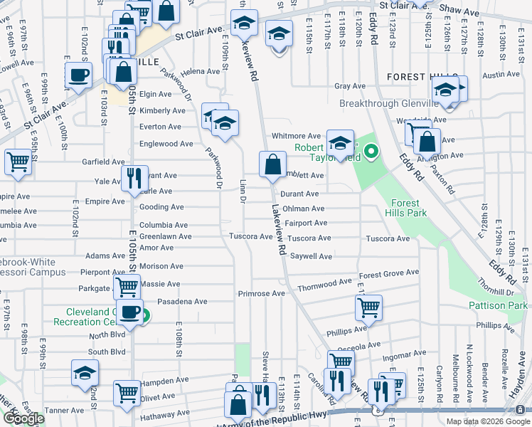 map of restaurants, bars, coffee shops, grocery stores, and more near 11213 Berkshire Ave in Cleveland