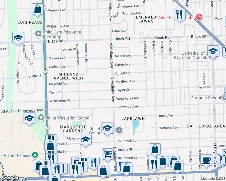 map of restaurants, bars, coffee shops, grocery stores, and more near 501 North Midland Avenue in Joliet