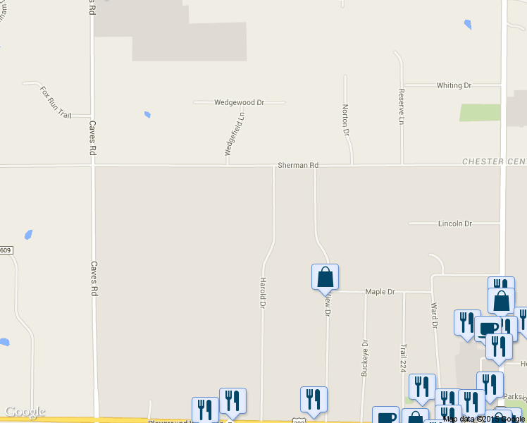 map of restaurants, bars, coffee shops, grocery stores, and more near 12402 Harold Drive in Chesterland