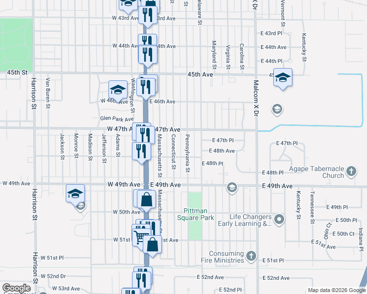 map of restaurants, bars, coffee shops, grocery stores, and more near 4754 Pennsylvania Street in Gary