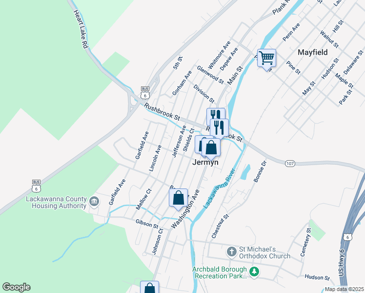 map of restaurants, bars, coffee shops, grocery stores, and more near 614 Jefferson Ave in Jermyn