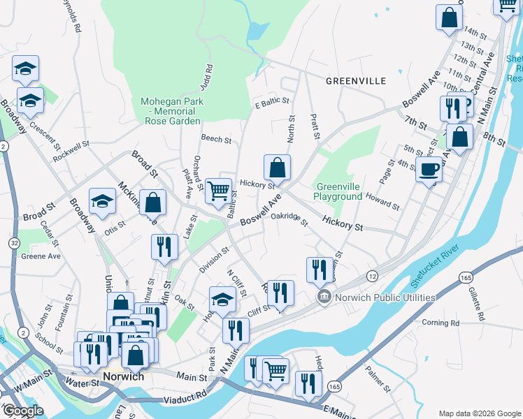 map of restaurants, bars, coffee shops, grocery stores, and more near 170 Boswell Avenue in Norwich