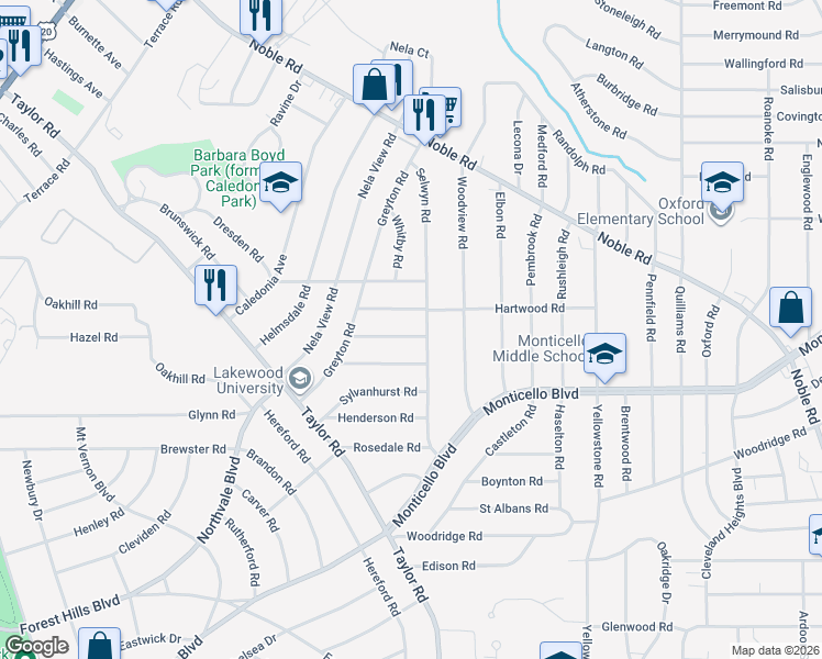 map of restaurants, bars, coffee shops, grocery stores, and more near 3419 Spangler Road in Cleveland Heights