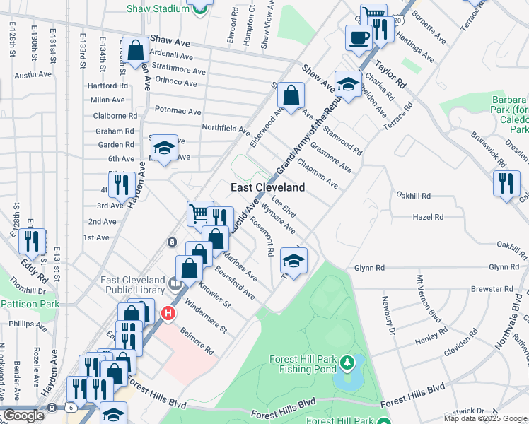 map of restaurants, bars, coffee shops, grocery stores, and more near 1820 Wymore Avenue in East Cleveland