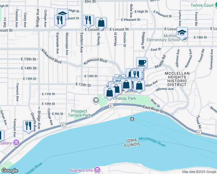 map of restaurants, bars, coffee shops, grocery stores, and more near 2003 East 12th Street in Davenport